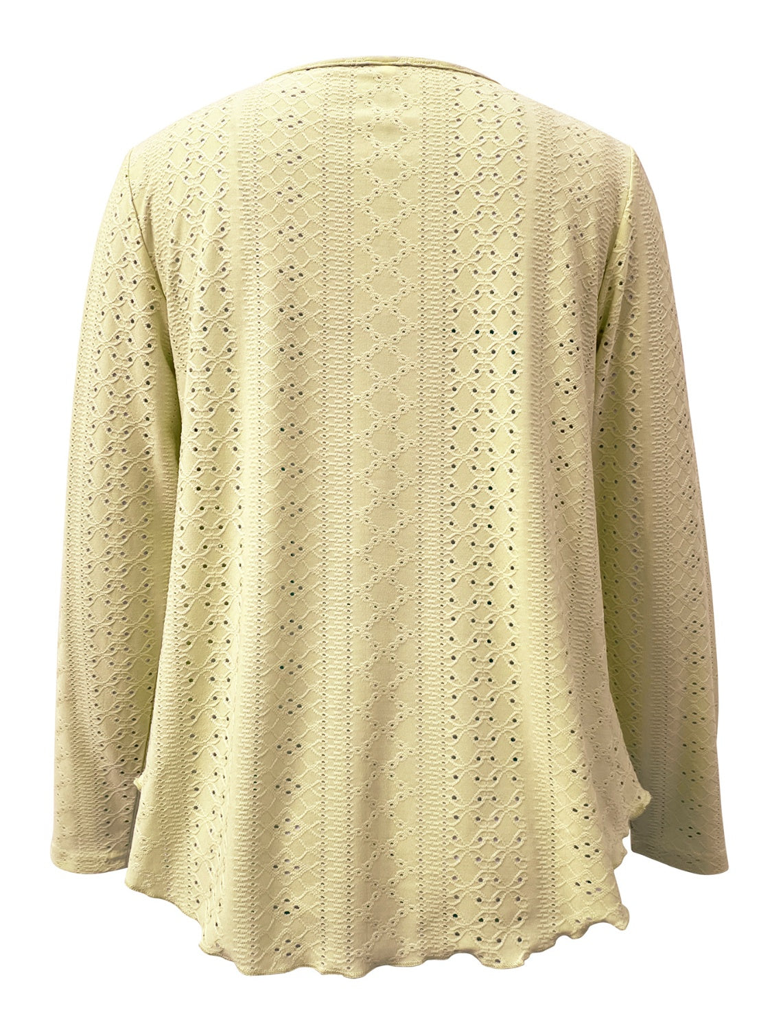 Light Yellow scalloped eyelet yoke blouse with long sleeves and a scalloped hem.