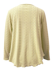 Light Yellow scalloped eyelet yoke blouse with long sleeves and a scalloped hem.