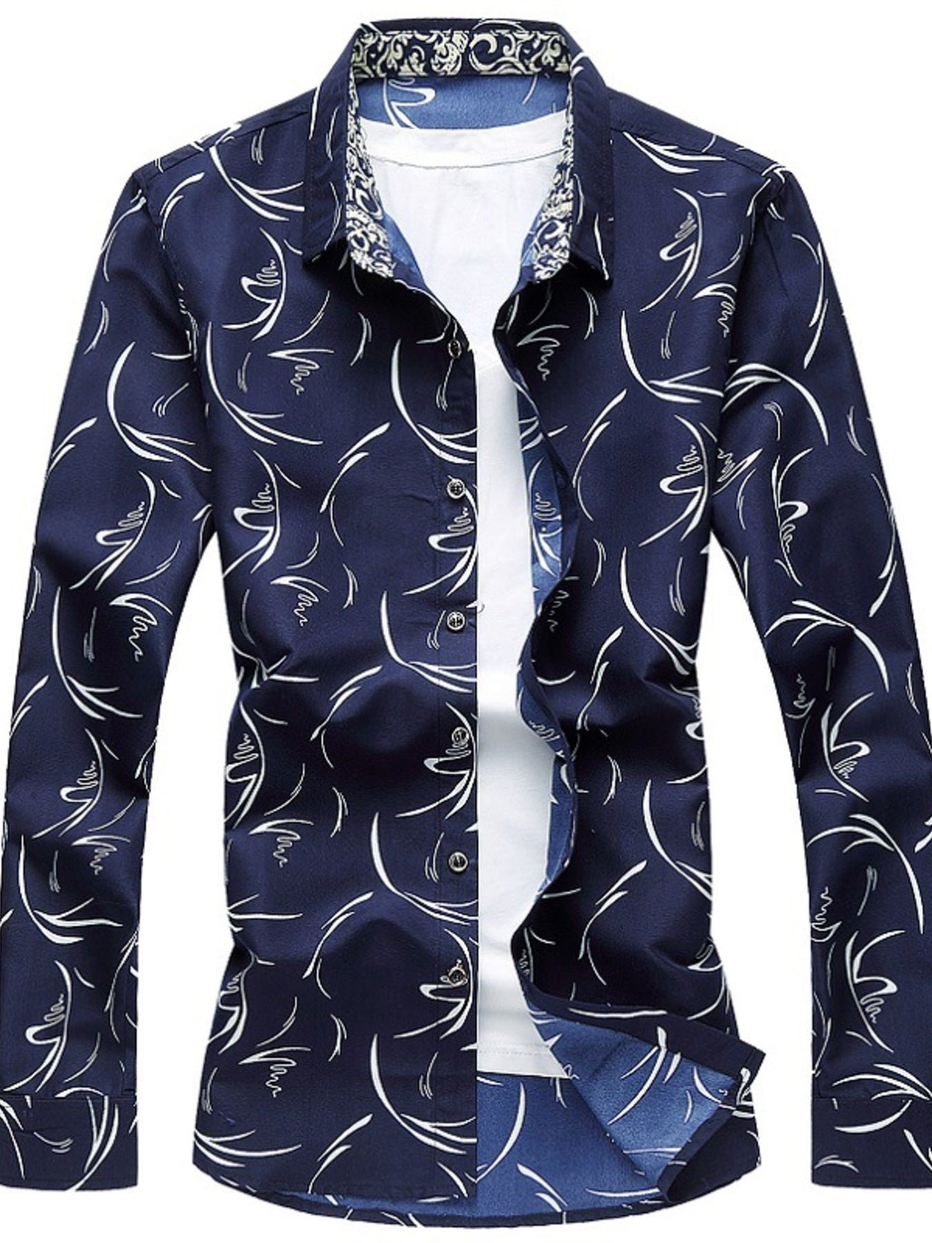 Men's dark navy abstract print cotton button-down shirt with a white tee underneath.