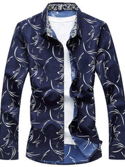 Men's dark navy abstract print cotton button-down shirt with a white tee underneath.