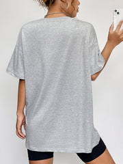 Grey heather t-shirt with short sleeves and a relaxed fit.