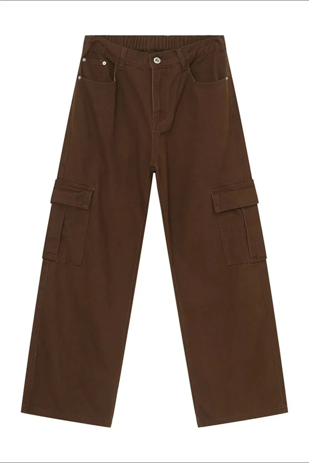 Brown cargo pants with multiple pockets and a relaxed fit.