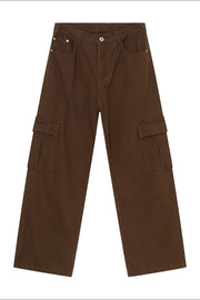 Brown cargo pants with multiple pockets and a relaxed fit.