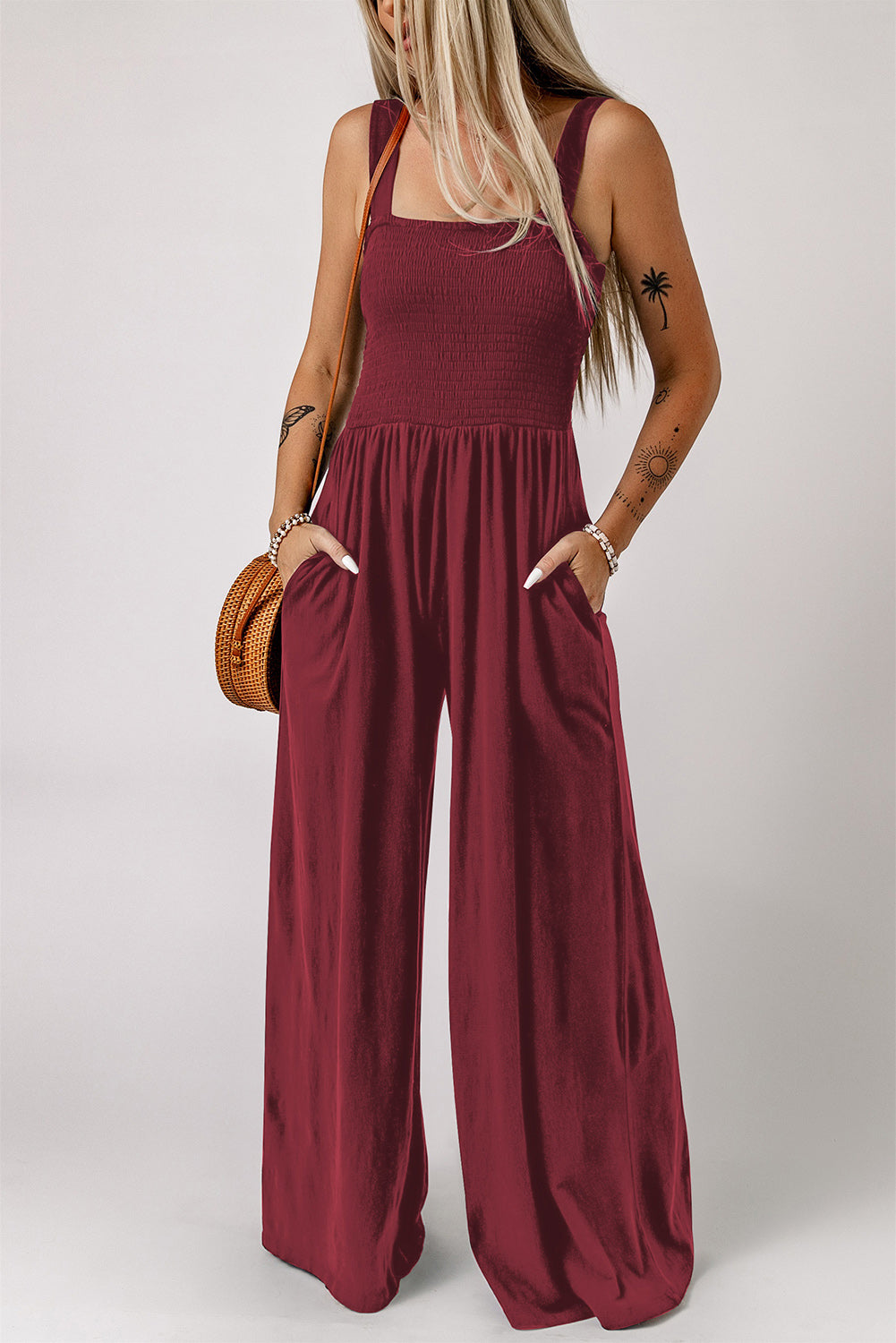 Wine smocked square neck wide leg jumpsuit with pockets