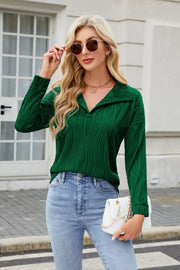 Dark Green pleated wave-effect collared long sleeve blouse with a V-neck.