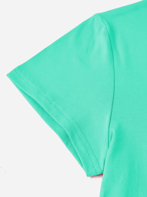 Aqua short sleeve t-shirt with double-stitched hem and sleeve detail.