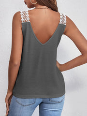 Dark Gray waffle knit tank top with white lace shoulder straps and V-neck.