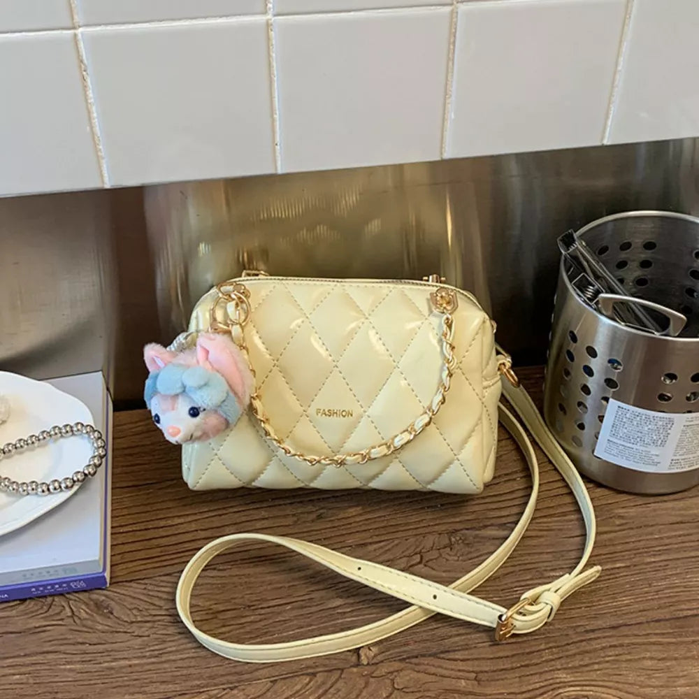 Quilted Chain Strap Crossbody Bag in Yellow, side view