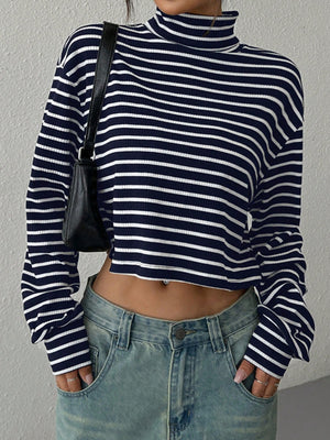 Striped cropped ribbed turtleneck sweater with a mock neck and long sleeves.