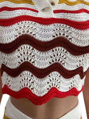 Crochet crop top with zigzag stripes in red, white, and brown, featuring open knit details and button front.