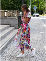 Floral Surplice Midi Dress With Tie Waist