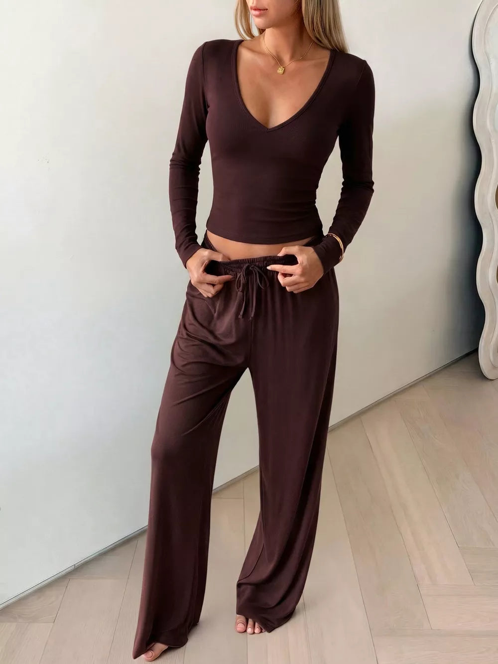 V-neck Long Sleeve Top And Wide-leg Pants Set in Brown, front view