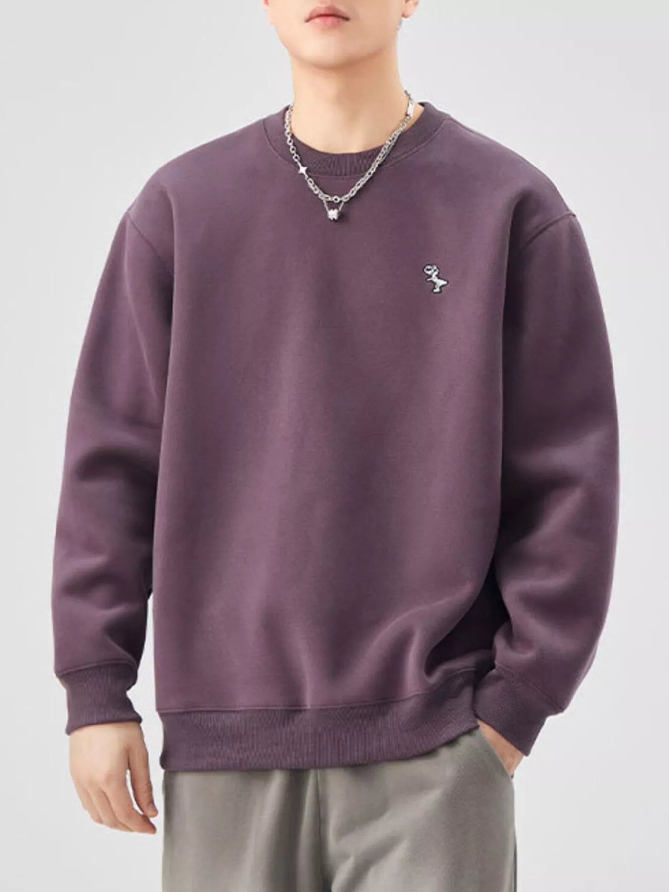 Purple long-sleeve sweatshirt with embroidered dinosaur detail and crew neck.
