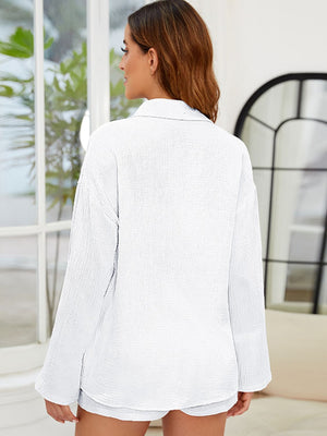 White textured cotton relaxed fit buttoned shirt with long sleeves, part of a co-ord set.