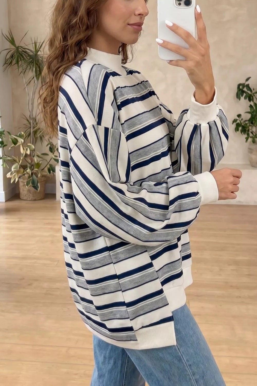Striped Ribbed Stand Neck Sweatshirt in Stripe, side view