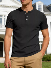 Black ribbed short sleeve henley shirt with button placket