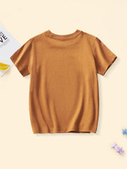 Burnt orange cotton crew neck t-shirt with short sleeves and a dinosaur graphic.