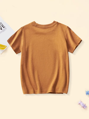 Burnt orange cotton crew neck t-shirt with short sleeves and a dinosaur graphic.