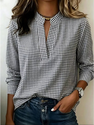 Full Size Plaid Notched Long Sleeve Blouse, fit detail