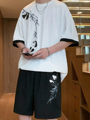 Men's Full Size Panda Bamboo Print Tee And Shorts Set in White, side view