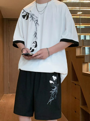 Men's Full Size Panda Bamboo Print Tee And Shorts Set in White, side view
