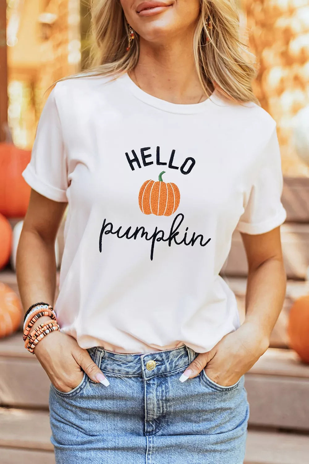 Embroidered Pumpkin Slogan Short Sleeve T-shirt, side view