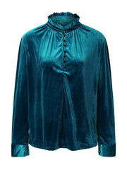 Teal velvet blouse with mandarin collar, ruffled neckline, and button front.