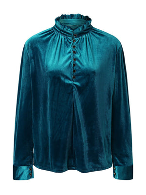 Teal velvet blouse with mandarin collar, ruffled neckline, and button front.
