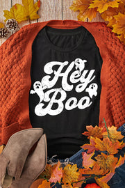 Black graphic tee with white distressed "Hey Boo" text and ghosts.