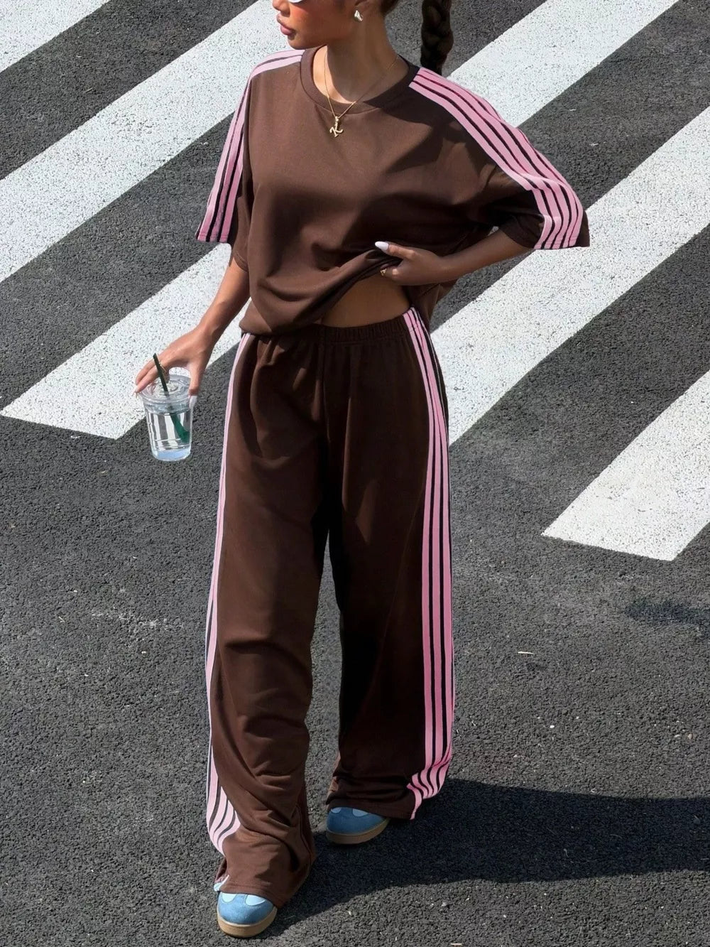 Striped Short Sleeve Top And Pants Set in Yellow, side view