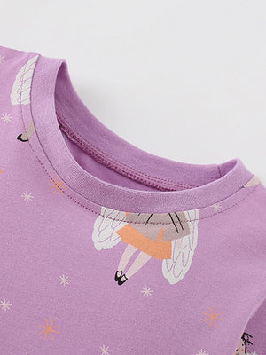 Purple cotton blend toddler dress with cartoon angel print and star accents.