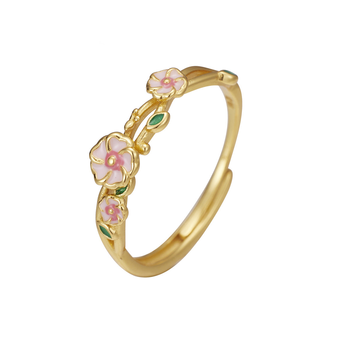Gold adjustable ring with delicate pink flowers and green leaves.