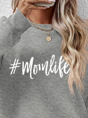 Crewneck sweatshirt in Charcoal with white #Momlife graphic, crew neck, long sleeves.