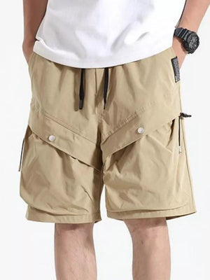 Khaki relaxed fit cargo shorts with drawstring waist and multiple pockets.