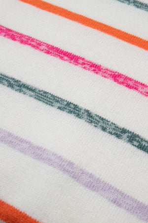 Ribbed knit pullover with rainbow stripes in white acrylic.