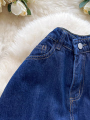 Dark wash maternity jeans with high rise and wide leg detail.