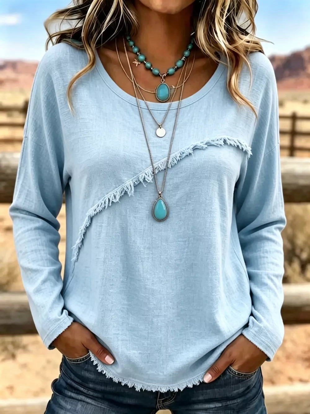 Full Size Fringe Detail Long Sleeve T-shirt Plus Size in Orange, fabric detail