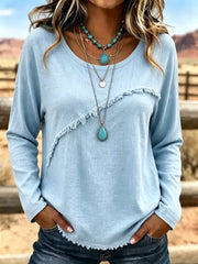 Full Size Fringe Detail Long Sleeve T-shirt Plus Size in Orange, fabric detail