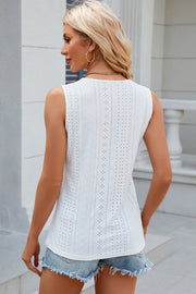 White eyelet sleeveless V-neck top with scalloped detail