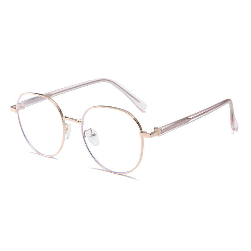Round metal frame glasses with clear lenses and rose gold temples.