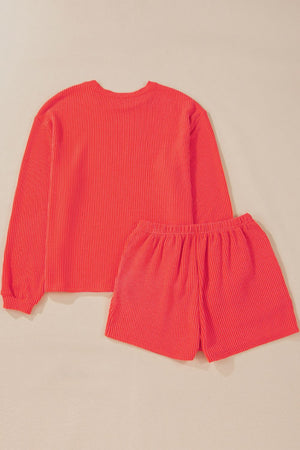 Orange-red ribbed loungewear set with long sleeve top and shorts