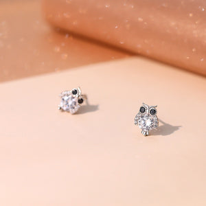 Sterling owl stud earrings with clear and black stones