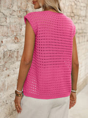Fuchsia pink open-knit sleeveless cardigan with a relaxed fit and textured pattern.