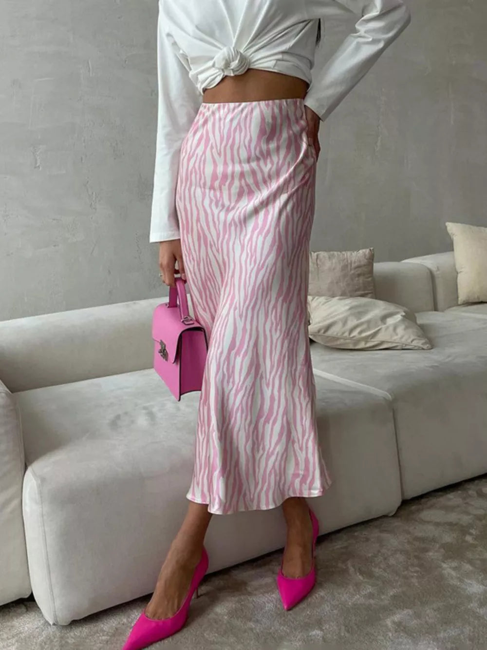 Fluid Zebra Print Satin Midi Skirt