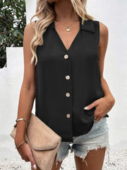 Black sleeveless collared button-down blouse with V-neck