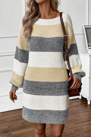 Striped knit mini dress with balloon sleeves and boatneck in dark gray, white, and yellow acrylic.