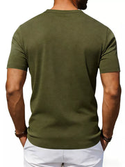 Men's army green short sleeve t-shirt with crew neck and pocket detail.