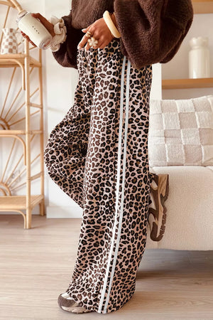 Leopard Print Side Striped Wide Leg Pants, model styling view