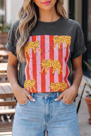 Cotton t-shirt with retro cheetah graphic on red and pink stripes, cuffed short sleeves.