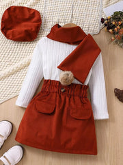 Children's Ribbed Knit Top And Skirt Set in White, front view